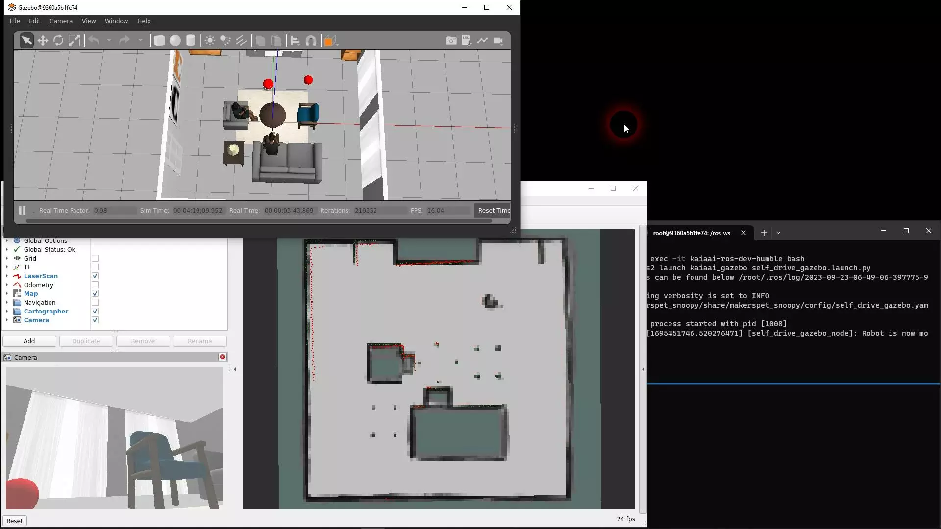 Demo: robot maps, navigates a living room in VR sim